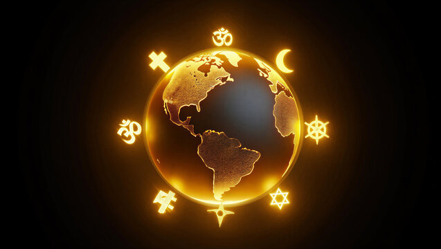 Golden globe surrounded by various religious symbols representing global unity and diversity transparent background vector design