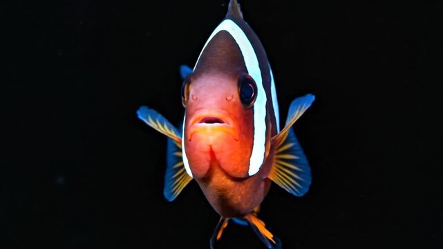 Vibrant Orange Fish with White Stripe Swims in Dark Water