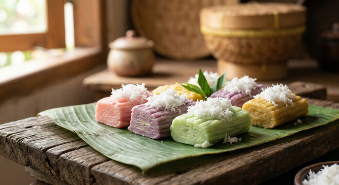 Getuk Lindri Colorful Cassava Cake Pastel Colors Banana Leaf Coconut Topping Indonesian Traditional Snack