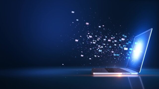 Laptop Emitting Digital Data Particles Open laptop glowing digital particles representing data transfer cloud computing technology. for IT promotions, software online services visuals cybersecurity