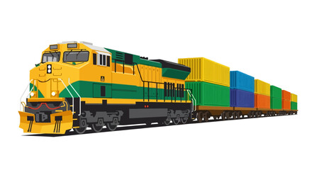 Fototapeta premium Heavy Freight Train Locomotive with Colorful Cargo Containers Isolated on White Background Vector Illustration