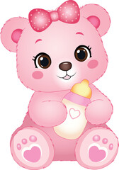 Fototapeta premium Cute Pink Teddy Bear Holding Baby Bottle Kids Design