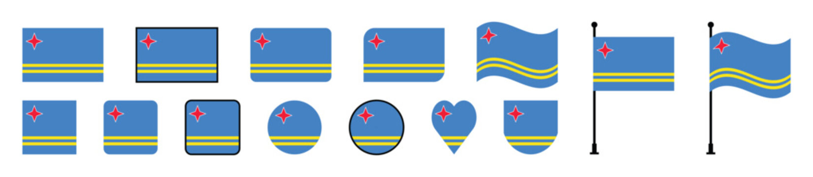 National Flag of Aruba Collection Various Design Styles Including Button, Circle, and Flagpole Icons