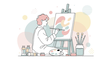 Woman painting on canvas in minimalist line art style with pastel colors and soft lighting for creative workspace