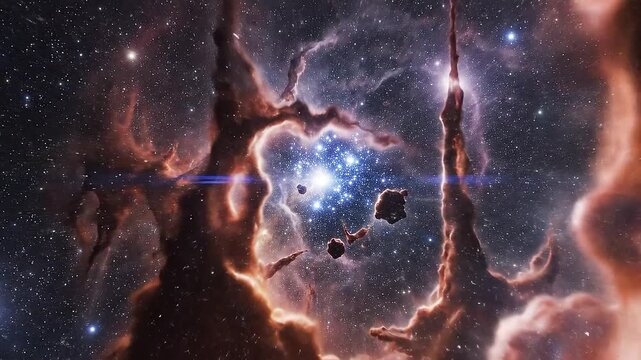 Cinematic flight through Orion Nebula with colorful cosmic gas clouds and bright stars, deep space exploration scene with immersive sci-fi atmosphere, vibrant galaxy visuals and infinite universe feel