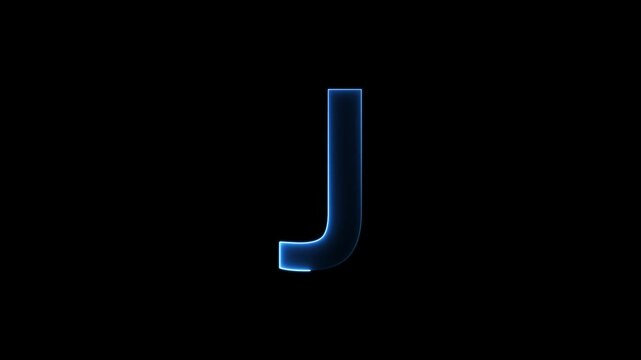 Glowing neon letter 'J' symbol, a shiny light font illustration on a black background English alphabet education type word writing letter text effect smooth footage sign symbol with black background