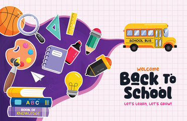 Welcome back to school clipart design with school bus, books, palette, and stationery  on vibrant purple abstract background for classroom, education, and learning projects. Vector illustration.   © Grafiqwrk 2.0