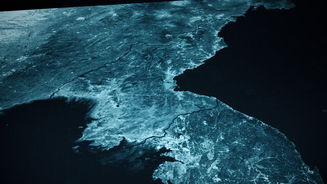 Global satellite surveillance map, military intelligence interface, geopolitical data visualization, cyber warfare concept, strategic monitoring, dark cinematic tech background : North Korea