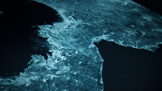 Global satellite surveillance map, military intelligence interface, geopolitical data visualization, cyber warfare concept, strategic monitoring, dark cinematic tech background : North Korea