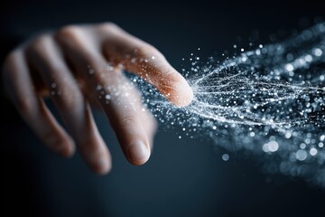 Fototapeta premium Human finger touching glowing digital particles and data streams on a dark background, symbolizing connection, innovation, and futuristic technology.