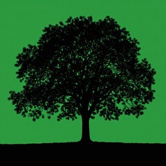 Fototapeta premium Black Silhouette of a Large Leafy Tree with Full Foliage Against a Solid Green Background, Isolated for Use in Design, Nature Themes, or Digital Graphics.