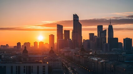 Fototapeta premium City skyline at sunset with skyscrapers.