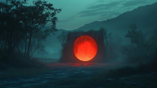 Crimson portal beckons amid a veiled wilderness, evoking enigmatic allure