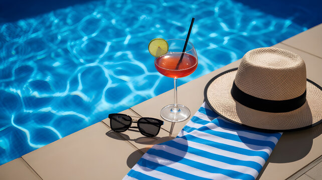 luxury poolside scene with sunglasses, hat, towel, and cocktail, bright sunlight reflections on water, rich blue tones, high contrast, premium lifestyle, editorial photography style, ultra realistic