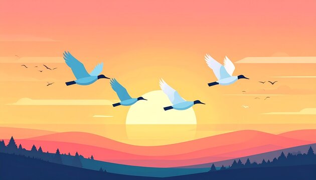 flock of birds flying in v formation at sunset over mountains flat design