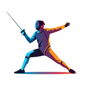 Fencer in action, dynamic pose, sword sport, competitive athlete, vibrant colors