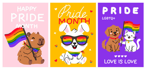 Fototapeta premium LGBTQ Pride Posters Collection with Cute Animals