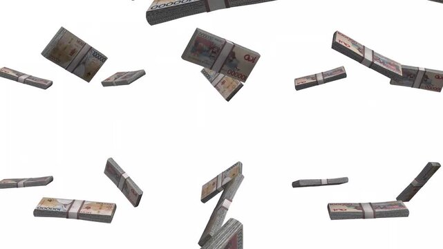 Mongolia Money, Mongolian Tugrik Banknotes Falling, MNT Currency Stacks, White Background, 4K