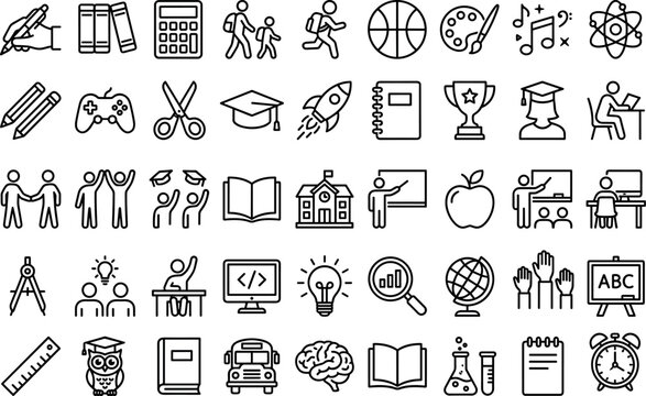 education and school icon set, back to school learning and university study collection, line art academy and science symbols on transparent background