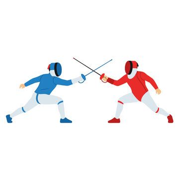 Two Fencers in Action, Blue vs Red Uniforms, Sword Fight Competition, Sport Illustration