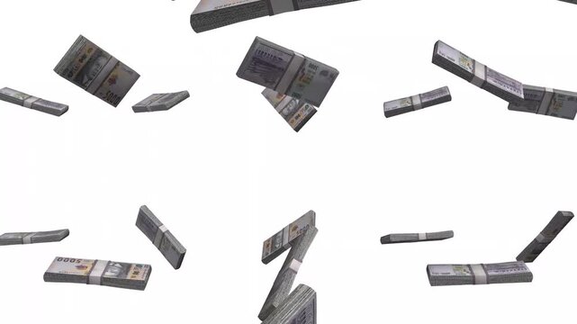 Malawi Money, Malawian Kwacha Banknotes Falling, MWK Currency Stacks, White Background, 4K