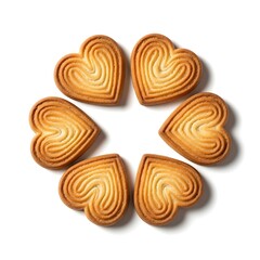 Fototapeta premium Five heart-shaped butter cookies arranged in a circular pattern on a plain white background, featuring golden brown baked textures and concentric grooved lines on each biscuit surface