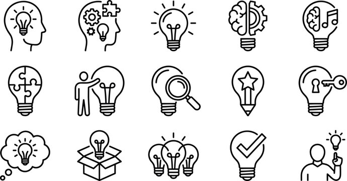 creative idea and innovation lightbulb icon set, brain strategy and logic thinking concepts, business solution and insight collection on transparent background
