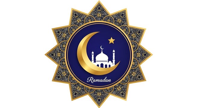 Ramadan mubarak golden crescent moon and mosque inside blue ornamental star frame with arabesque patterns