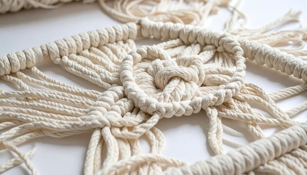 Cream-colored macrame rings, knotted yarn, and loose fringe create a textured, handmade, craft project