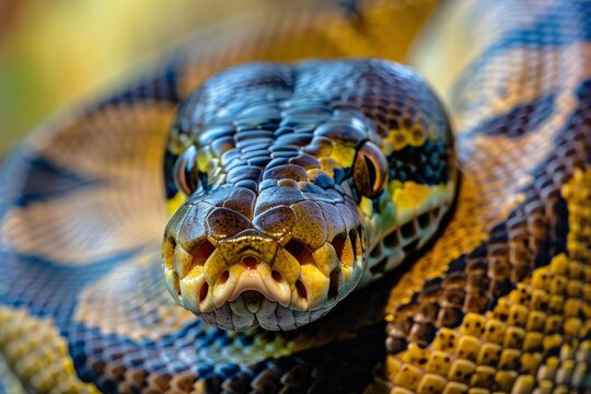Close up of a carpet python showcasing its vibrant scales and sharp fangs