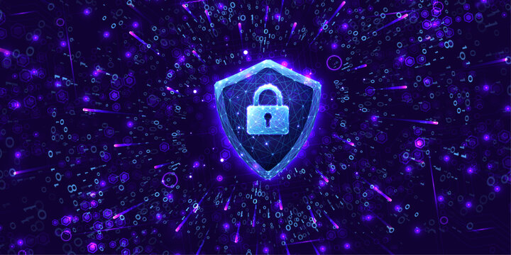 Digital shield protection symbol with padlock icon floating in space with binary code data and neon glowing particles.