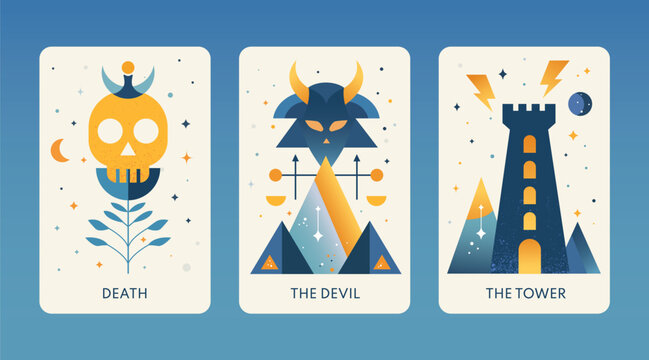 Death, Devil, Tower tarot cards feature symbolic illustrations representing transformation, temptation, and change