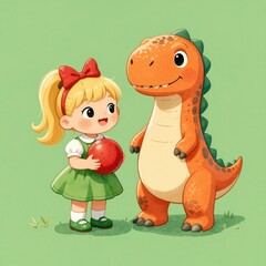 Fototapeta premium Cute Cartoon Little Girl Holding a Red Ball Standing Beside a Friendly Orange Dinosaur in a Green Grassy Field, Ideal for Childrens Books and Educational Content