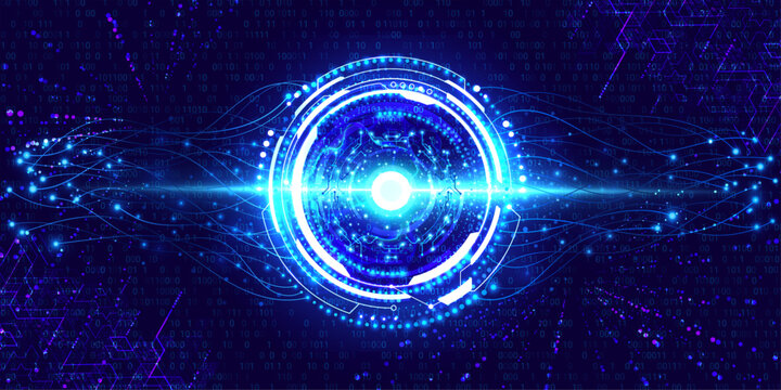 Digital data stream, futuristic light core with binary code background, fast information flow in a modern network concept.