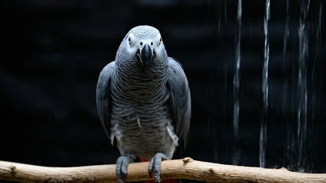 A gray parrot perches on a branch in the rain looking upwards.