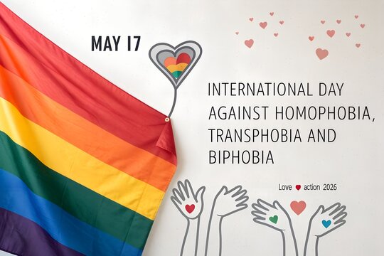 Vibrant rainbow flag displayed prominently next to a heart shaped balloon icon alongside illustrative human hands reaching upward to celebrate the international day against homophobia transphobia and 