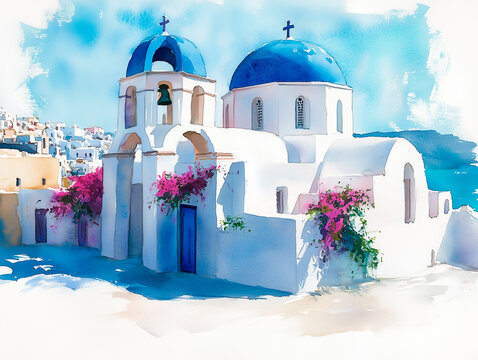 watercolor of a blue-domed church in Santorini. Greek island summer illustration on white background