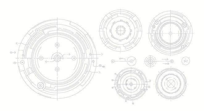 Collection of futuristic technical HUD circles and engineering sketches on white background.