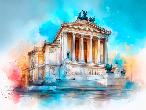 Abstract panoramic watercolor of Rome, Italy