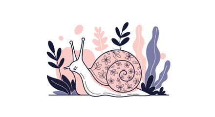 A charming snail with a decorated shell amidst whimsical plants. © TDF CREATIVE