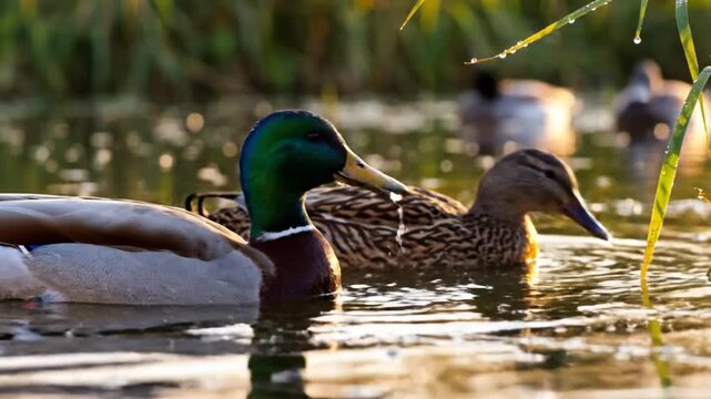 Beautiful close-up shot of two mallard ducks swimming calmly in a serene pond with reflections and sunlight