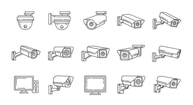 Collection of security cameras and video surveillance system line icons.