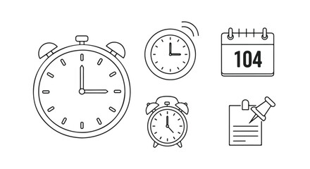 Fototapeta premium Minimalist time management icon set, black and white line art clock and calendar vectors, productivity and scheduling symbols for business planning