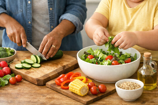 woman and child cooking salad in kitchen. Mother with kid preparing healthy vegetable meal. Happy family slicing cucumber and mixing greens together. Culinary lesson and nutrition concept