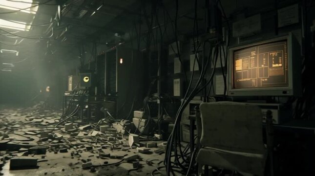 Dystopian abandoned server room with glowing computer monitor