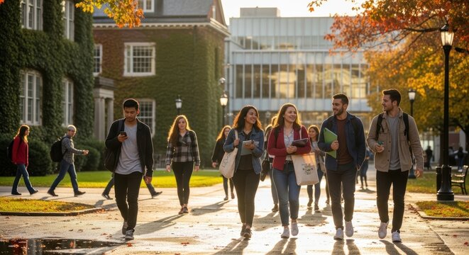 Students walking on a college campus during autumn with beautiful buildings and trees in the background scenery together