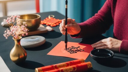 Obraz premium Person in red sweater writing chinese calligraphy on orange paper with brush and ink