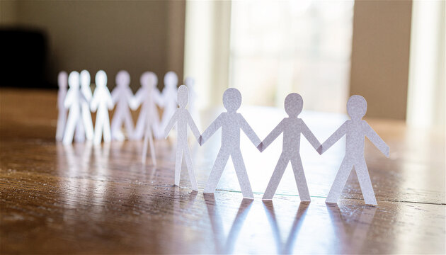 paper cutout figures holding hands in a line on a wooden table. Symbol of community, teamwork, and unity. Human chain representing social connection, diversity, and global collaboration