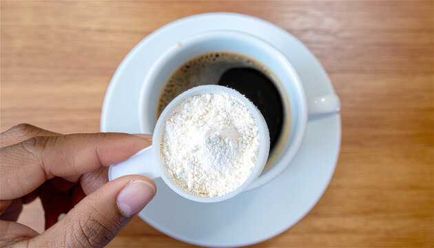 сollagen powder in a scoop added to black coffee, creating collagen coffee. Concept of functional напиток, beauty supplement, wellness routine and daily nutrition. Close-up minimal composition