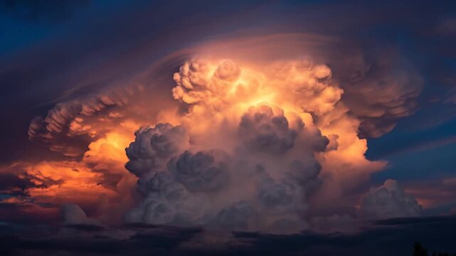 Orange and gray clouds fill the dark sky with a large explosion